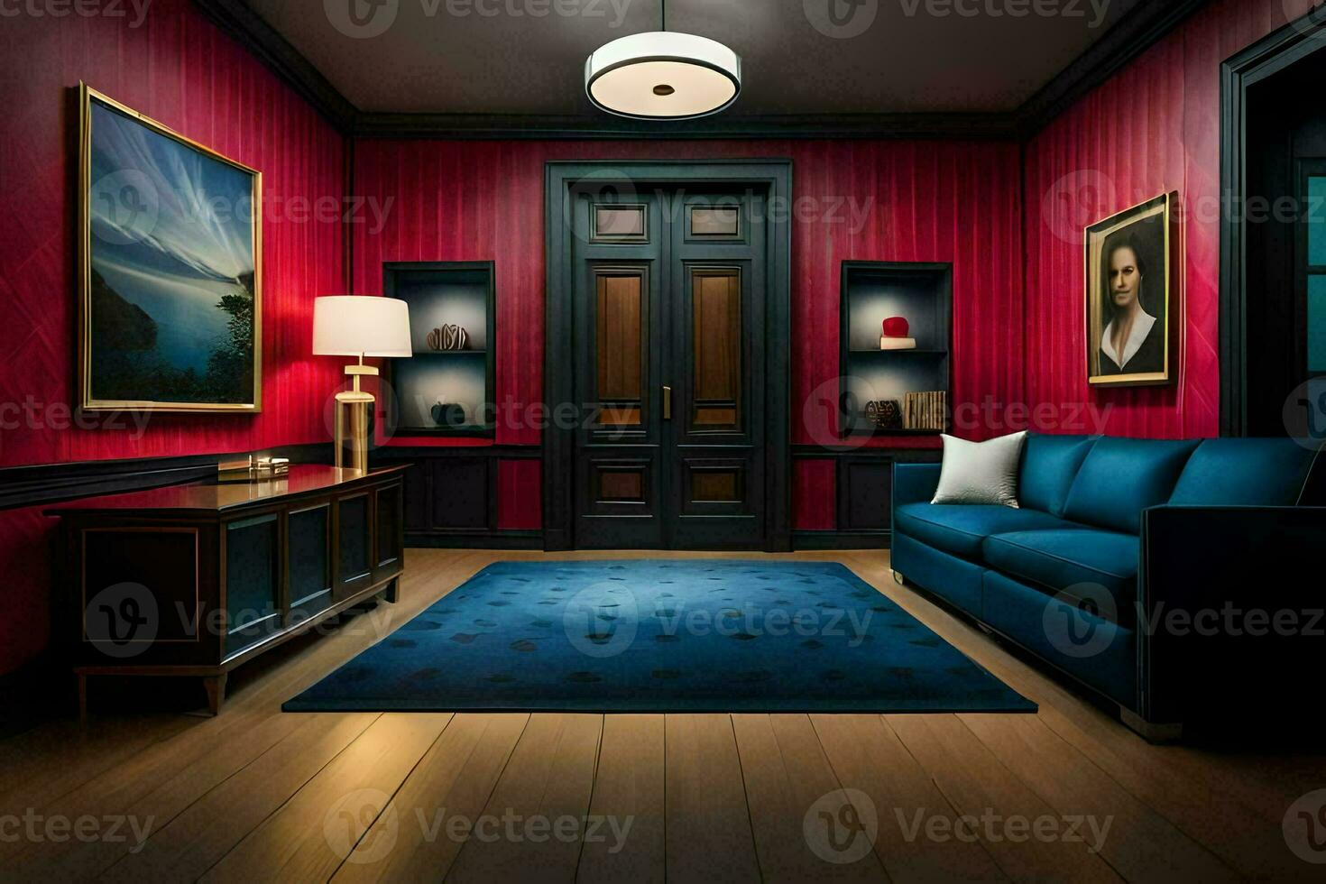 een kamer met rood muren en een blauw bank. ai-gegenereerd foto