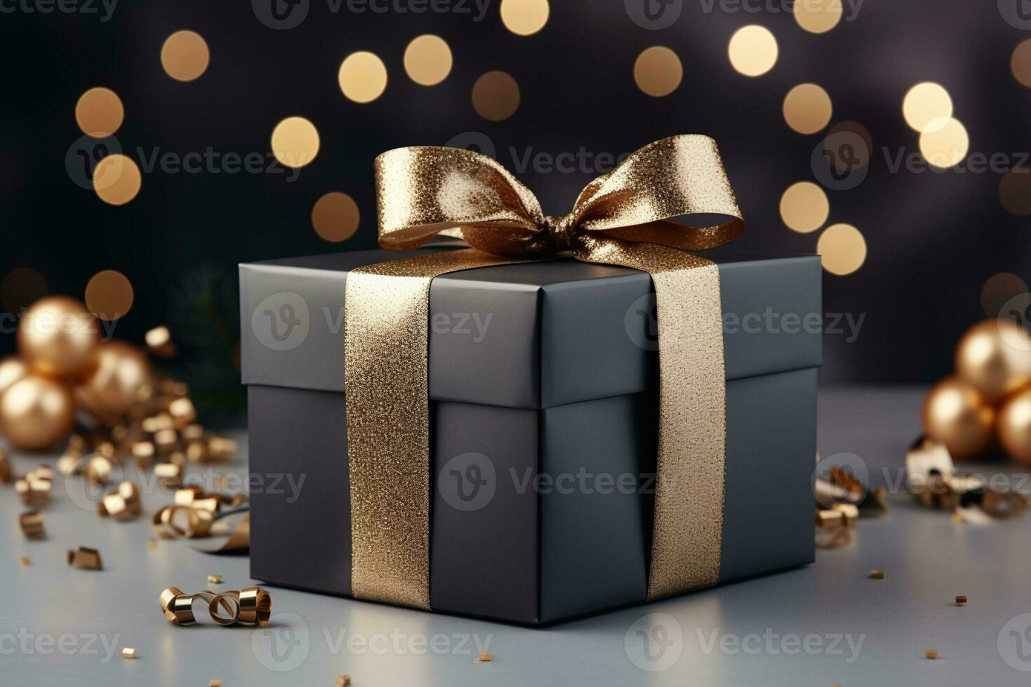 foto van zwart geschenk dozen met gouden lint boog label en gouden. ai generatief