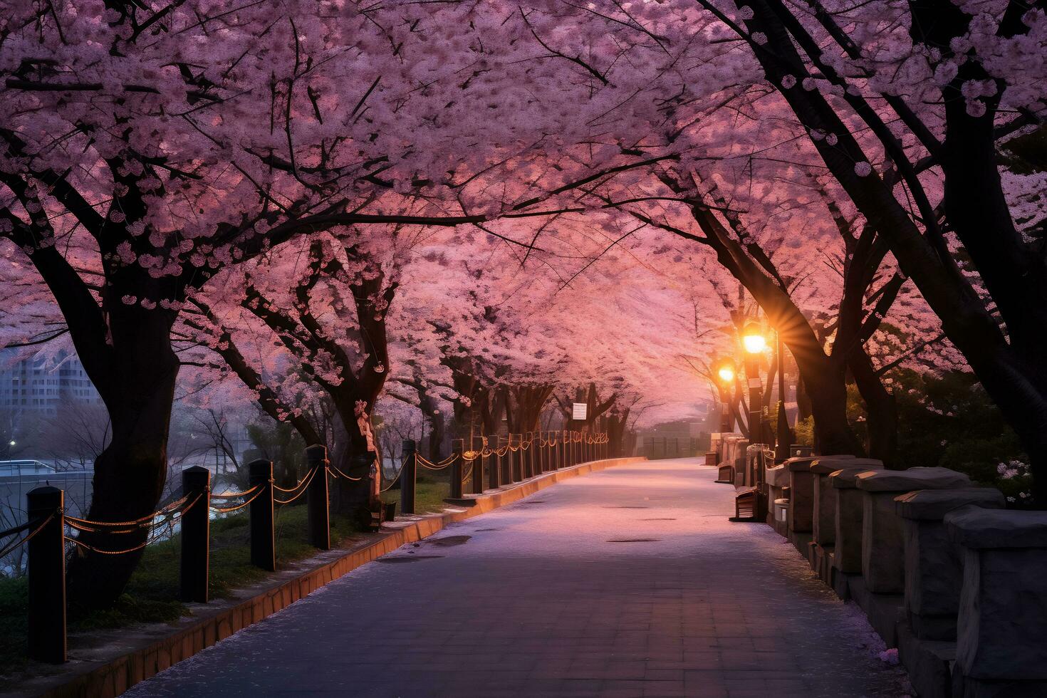 kers bloesem park gedurende zonsondergang ai generatief foto