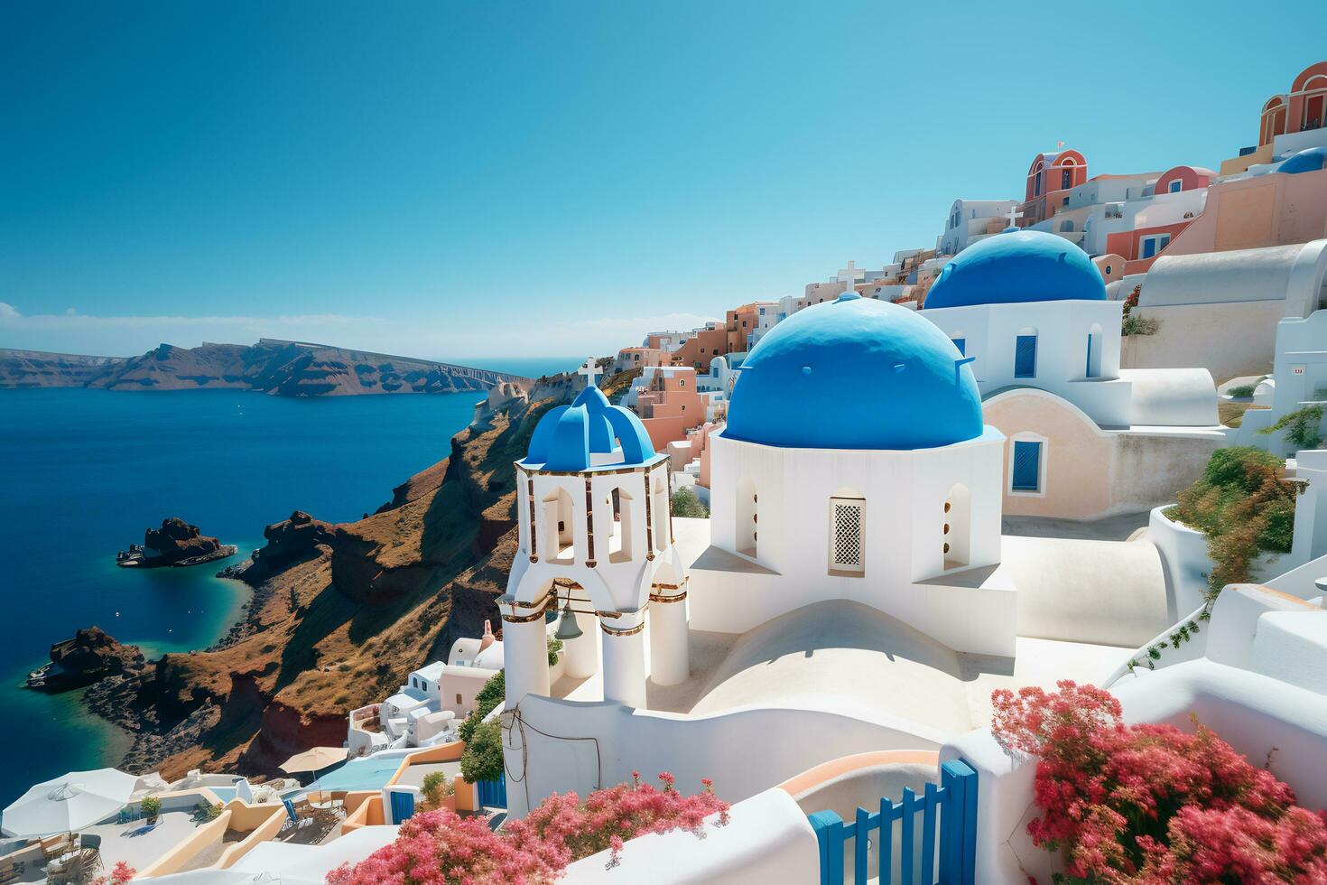 hoog hoek visie van Santorini door de oceaan generatief ai foto