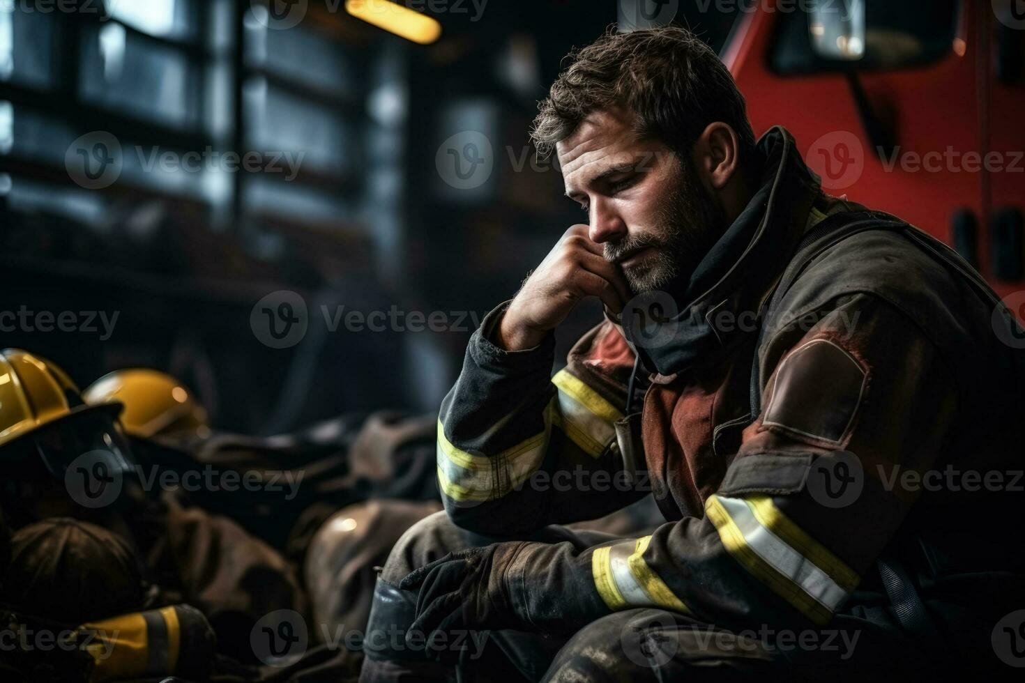 uitgeput brandweerman in leeg brand station achtergrond met ruimte voor tekst foto