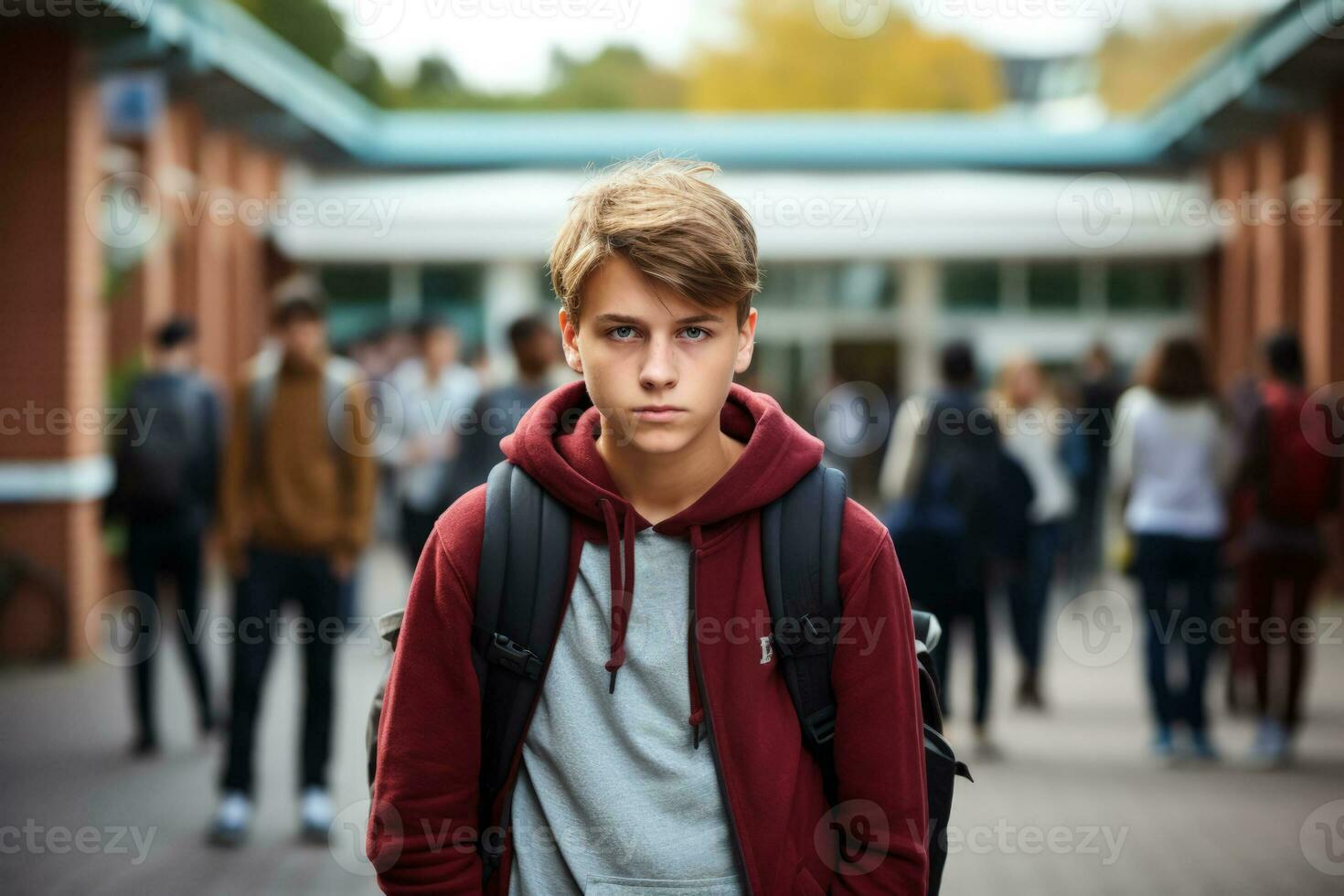 tiener geïsoleerd weergeven droefheid temidden van levendig school- omgeving foto