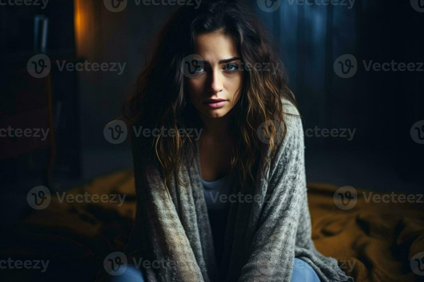 depressief jong vrouw in vaag lit kamer achtergrond met leeg ruimte voor tekst foto