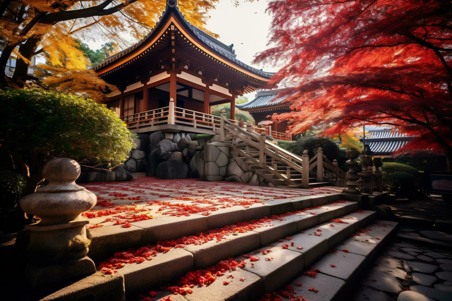 Kyoto tempel versierd met levendig herfst ai generatief foto