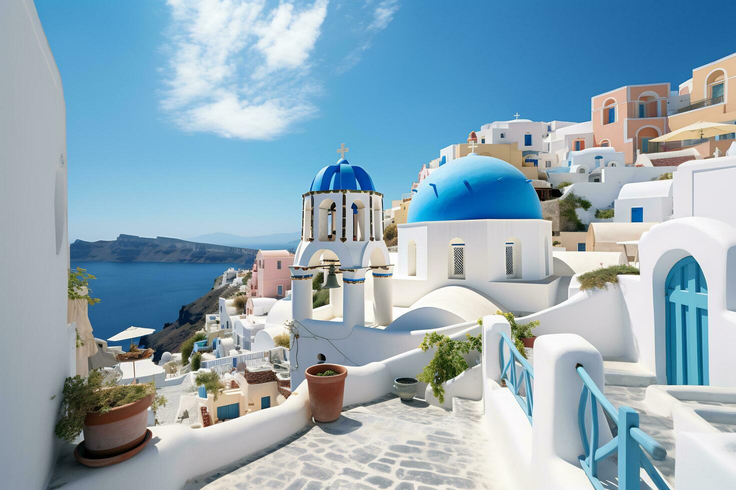 hoog hoek visie van Santorini door de oceaan generatief ai foto