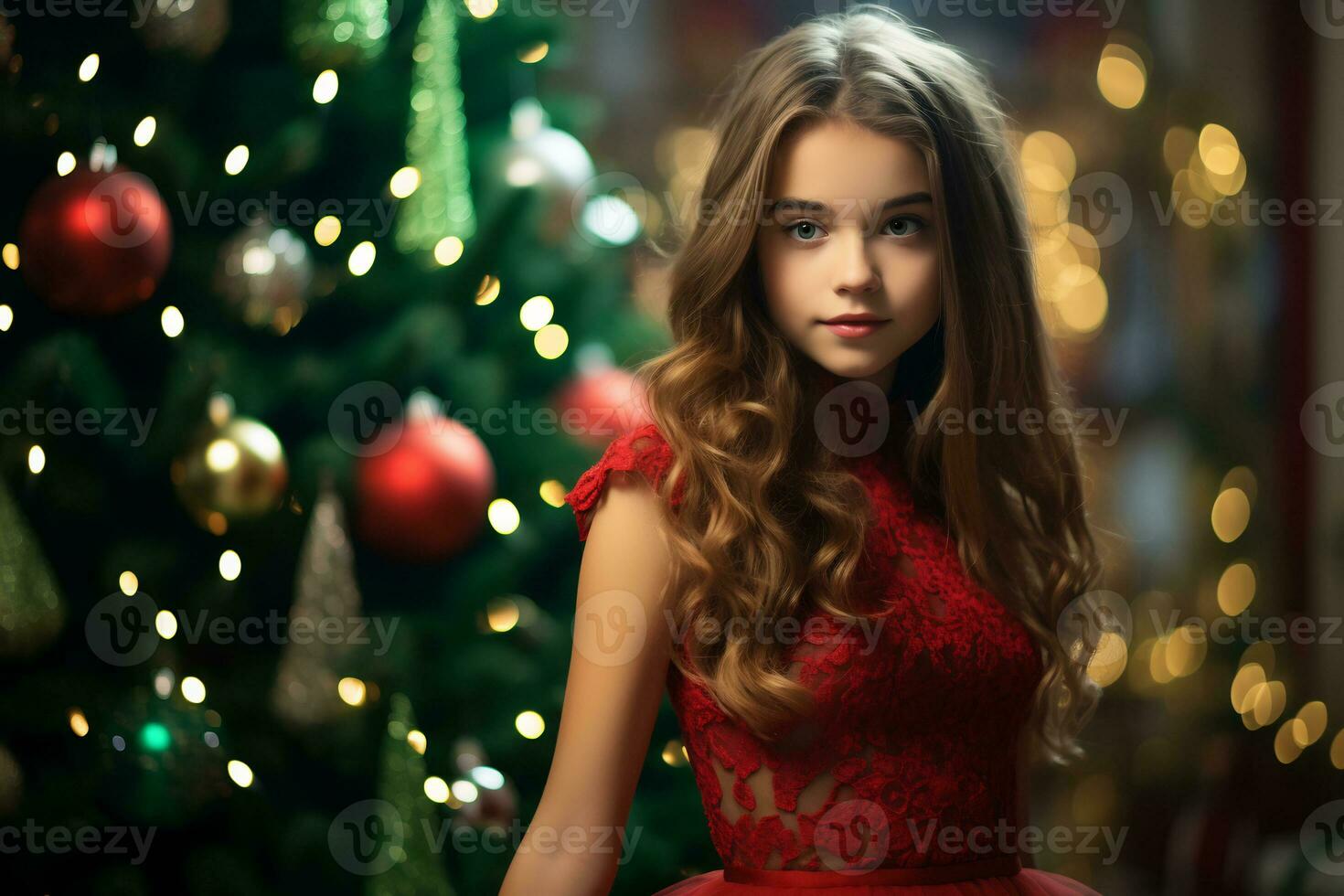 een jong meisje vervelend rood en groen jurk in voorkant van de versierd Kerstmis boom ai generatief foto