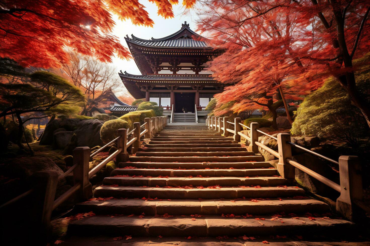 Kyoto tempel versierd met levendig herfst ai generatief foto