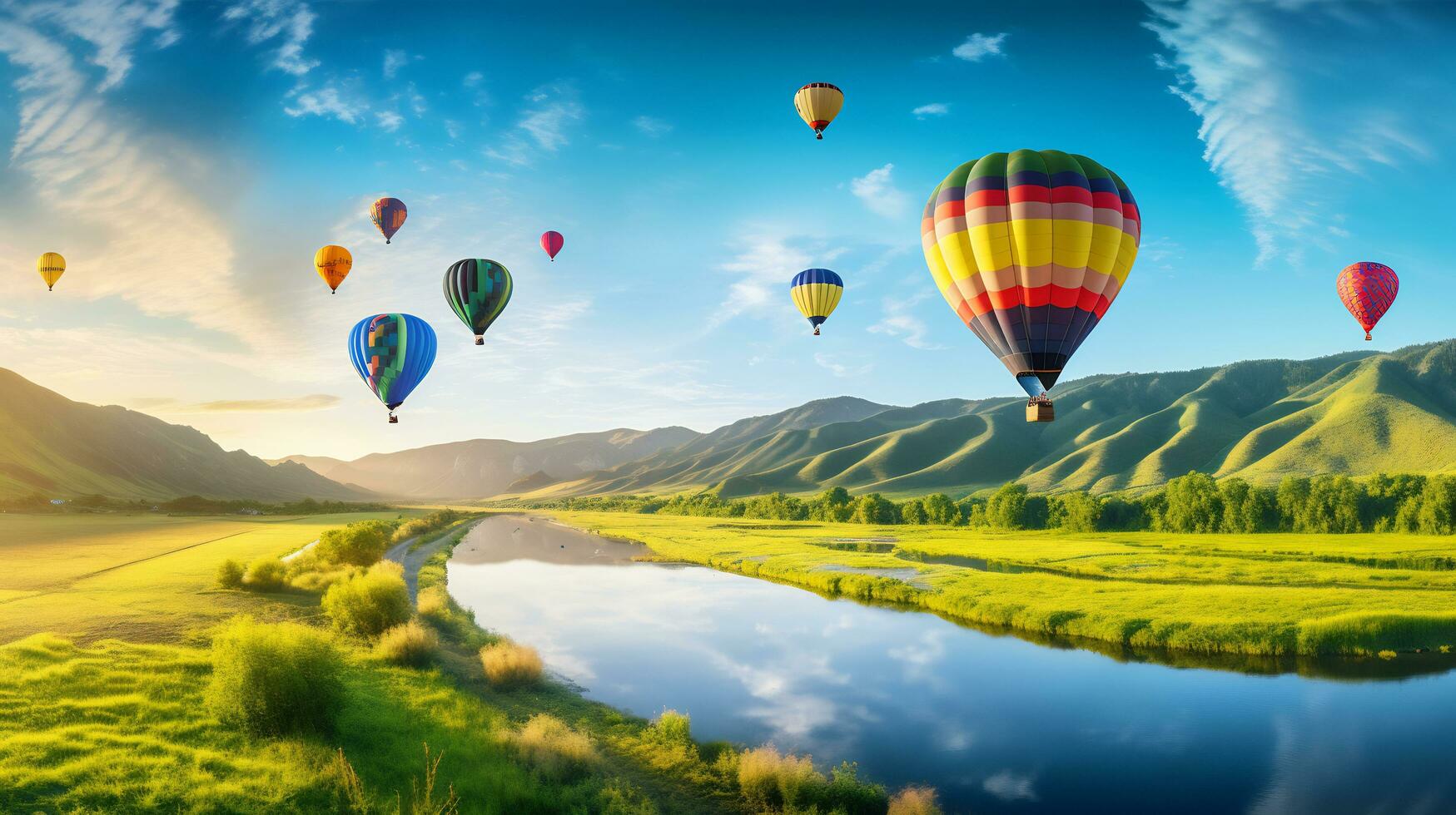heet lucht ballon over- een landschap van rivieren en bergen generatief ai foto