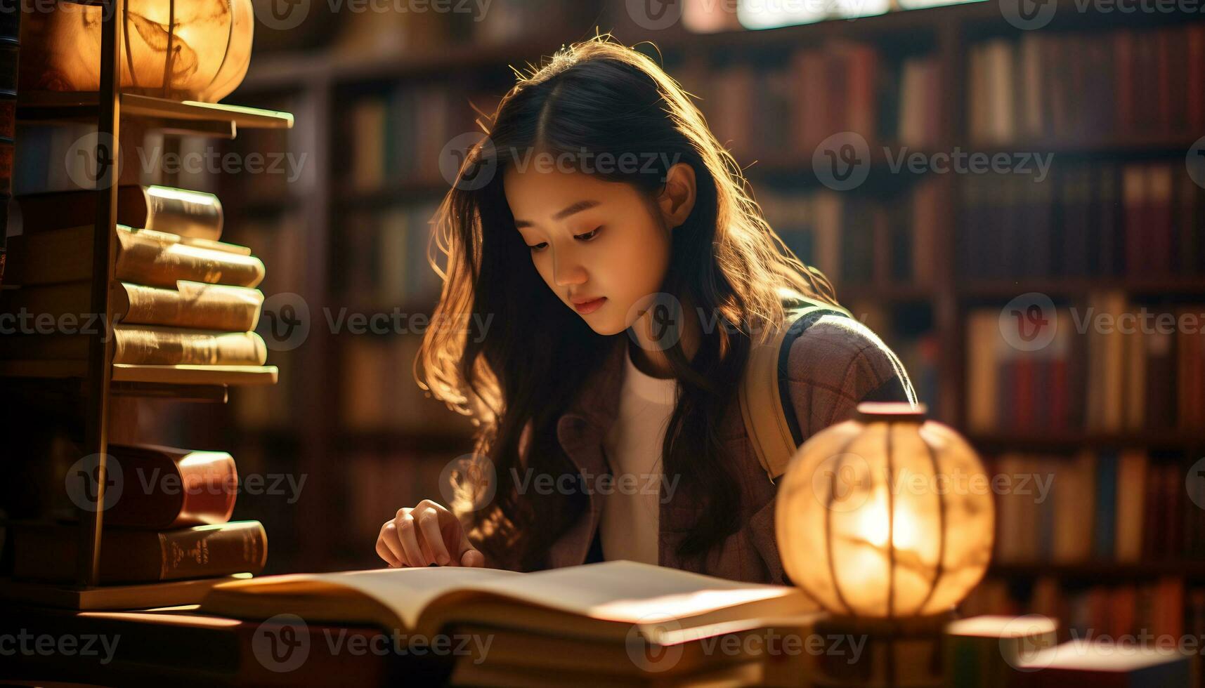 Aziatisch meisje lezing een boek in de bibliotheek foto