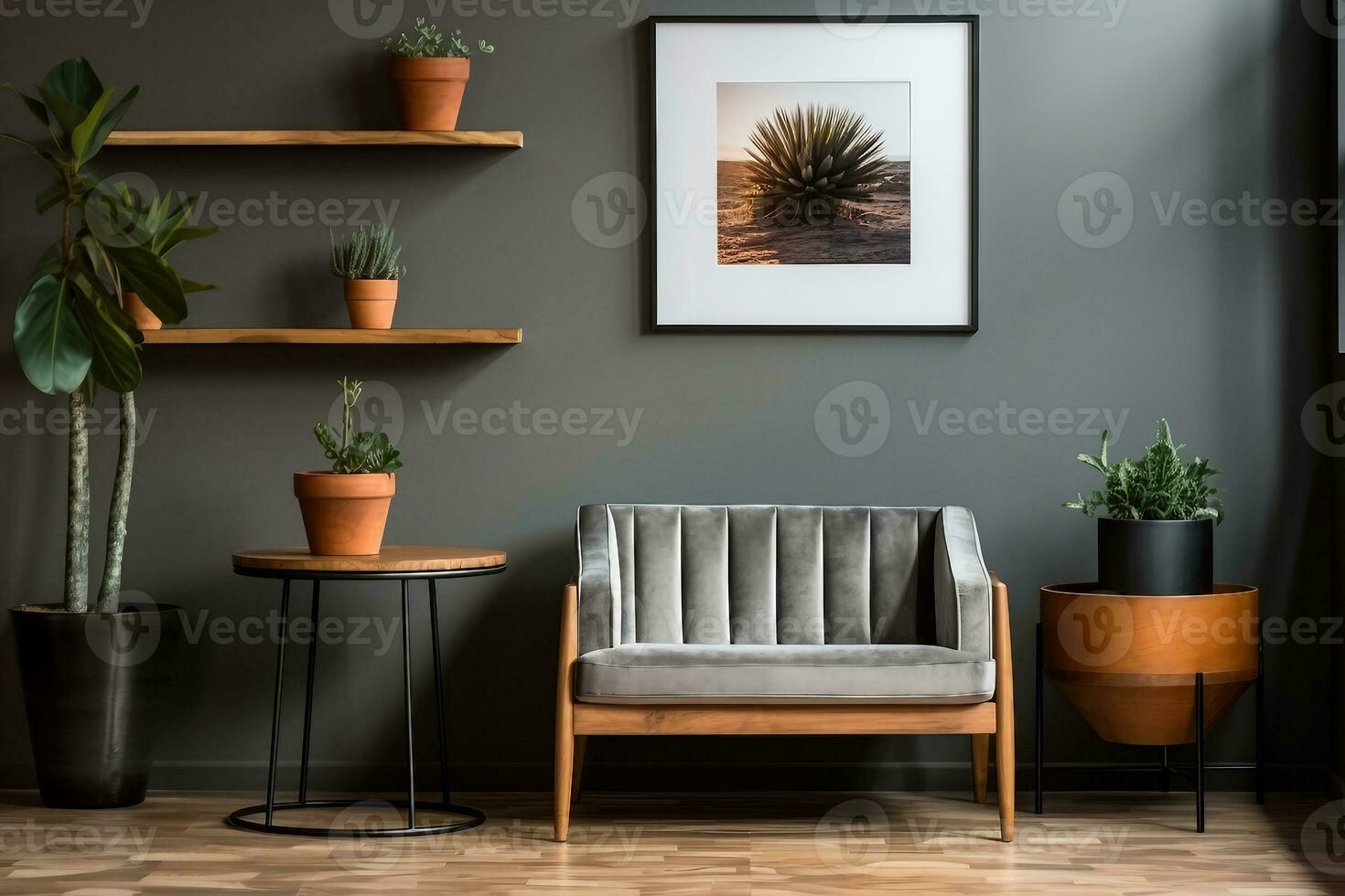 interieur ontwerp, grijs fauteuil De volgende naar een houten tafel in leven kamer interieur met fabriek en poster. generatief ai. foto