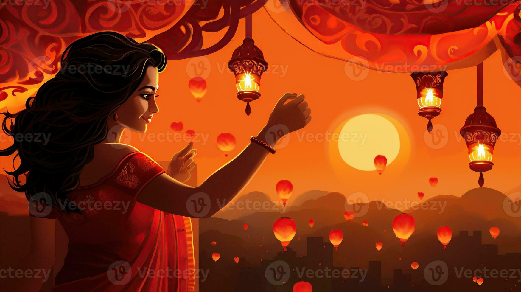festival van lichten. diwali, festival van lichten. web banier ontwerp met kaarsen en vrouw. ai gegenereerd foto