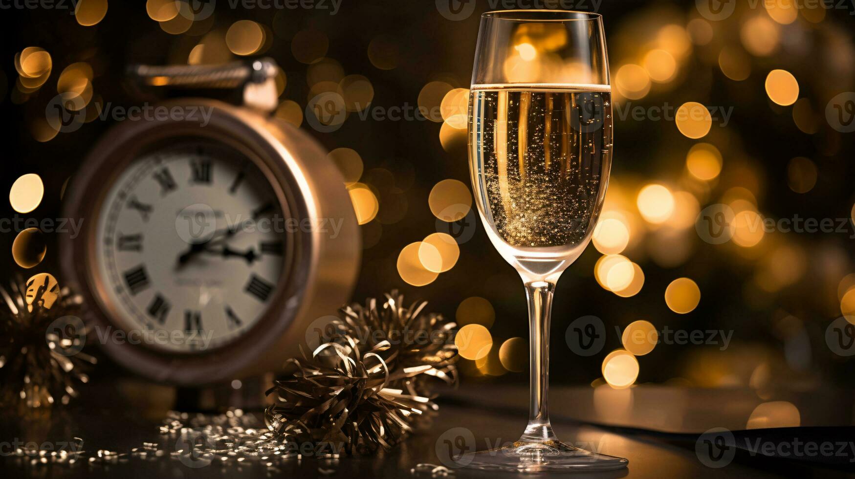 ai generatief nieuw jaren vooravond Champagne met bokeh licht en klok foto