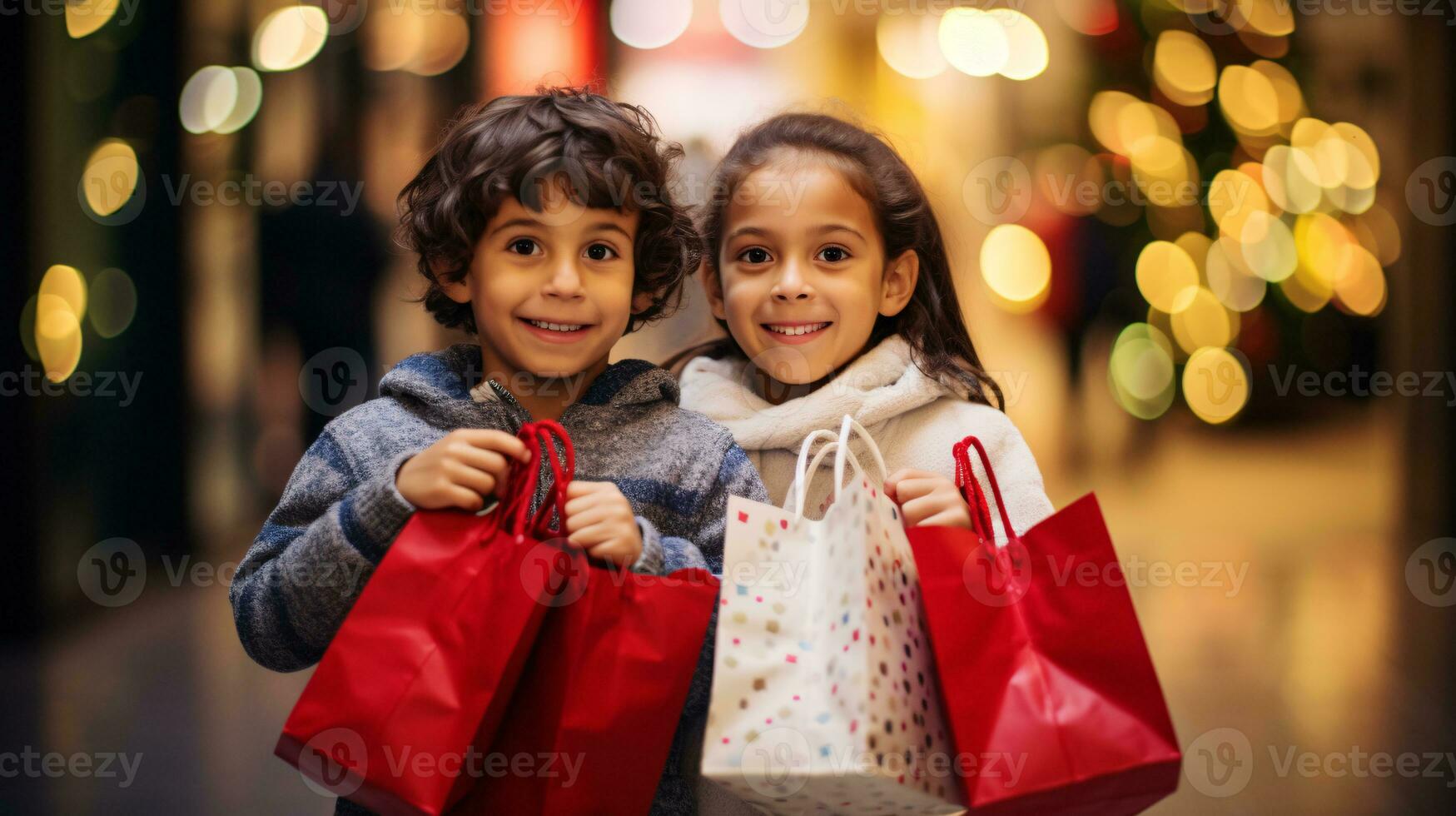 ai generatief mensen van verschillend etniciteit, leeftijd en geslacht Holding Kerstmis boodschappen doen geschenk Tassen in winkelcentrum allemaal over- de wereld foto