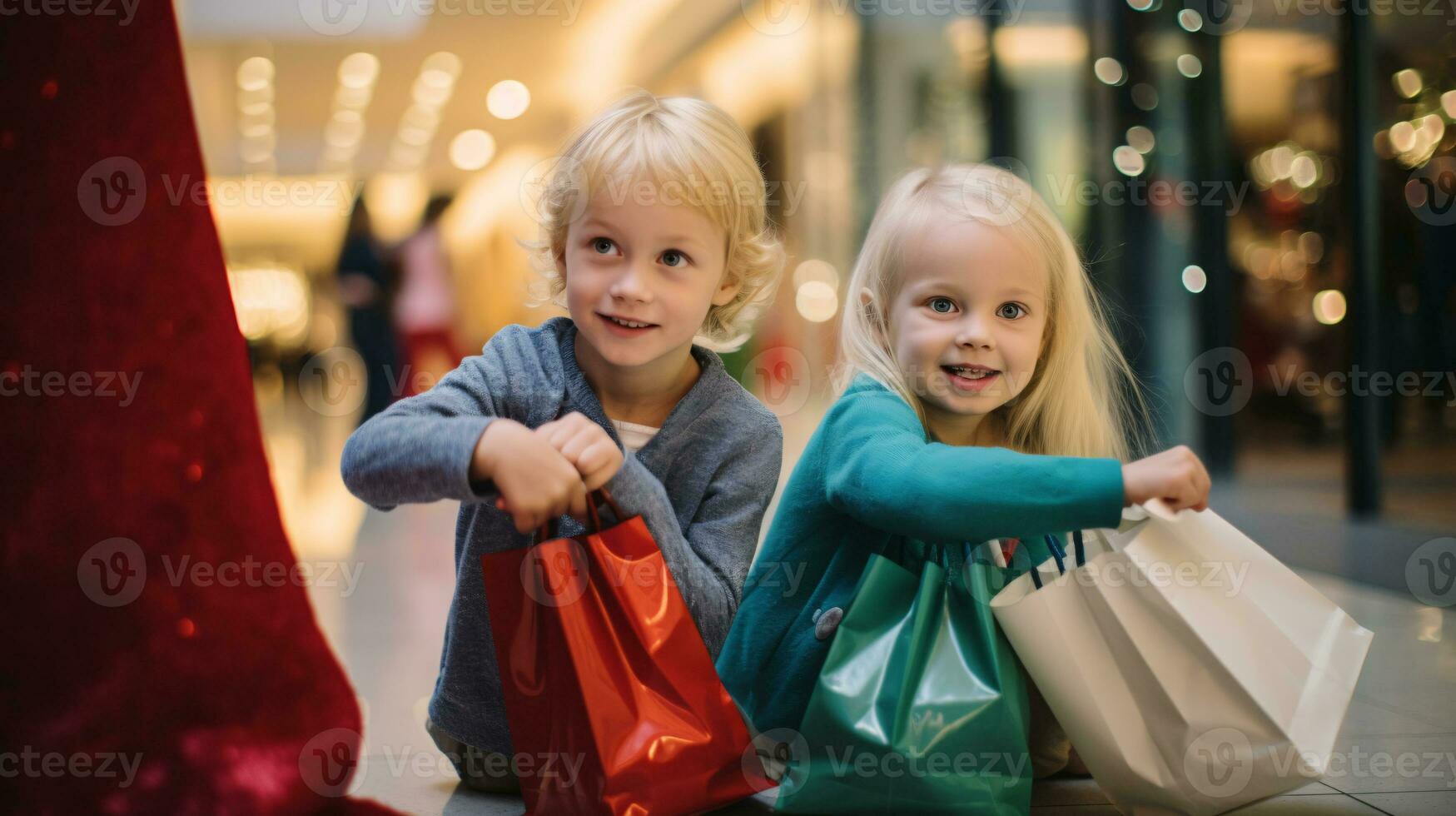 ai generatief mensen van verschillend etniciteit, leeftijd en geslacht Holding Kerstmis boodschappen doen geschenk Tassen in winkelcentrum allemaal over- de wereld foto