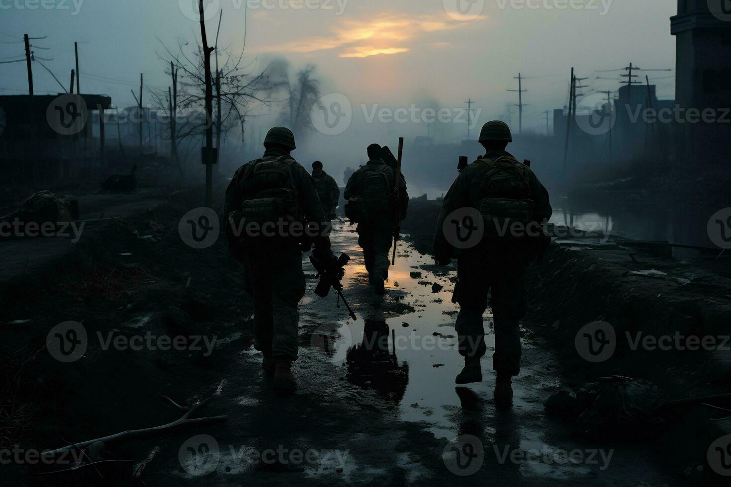 soldaten wandelen door de ruïnes van een stad veroorzaakt door oorlog ai generatief foto