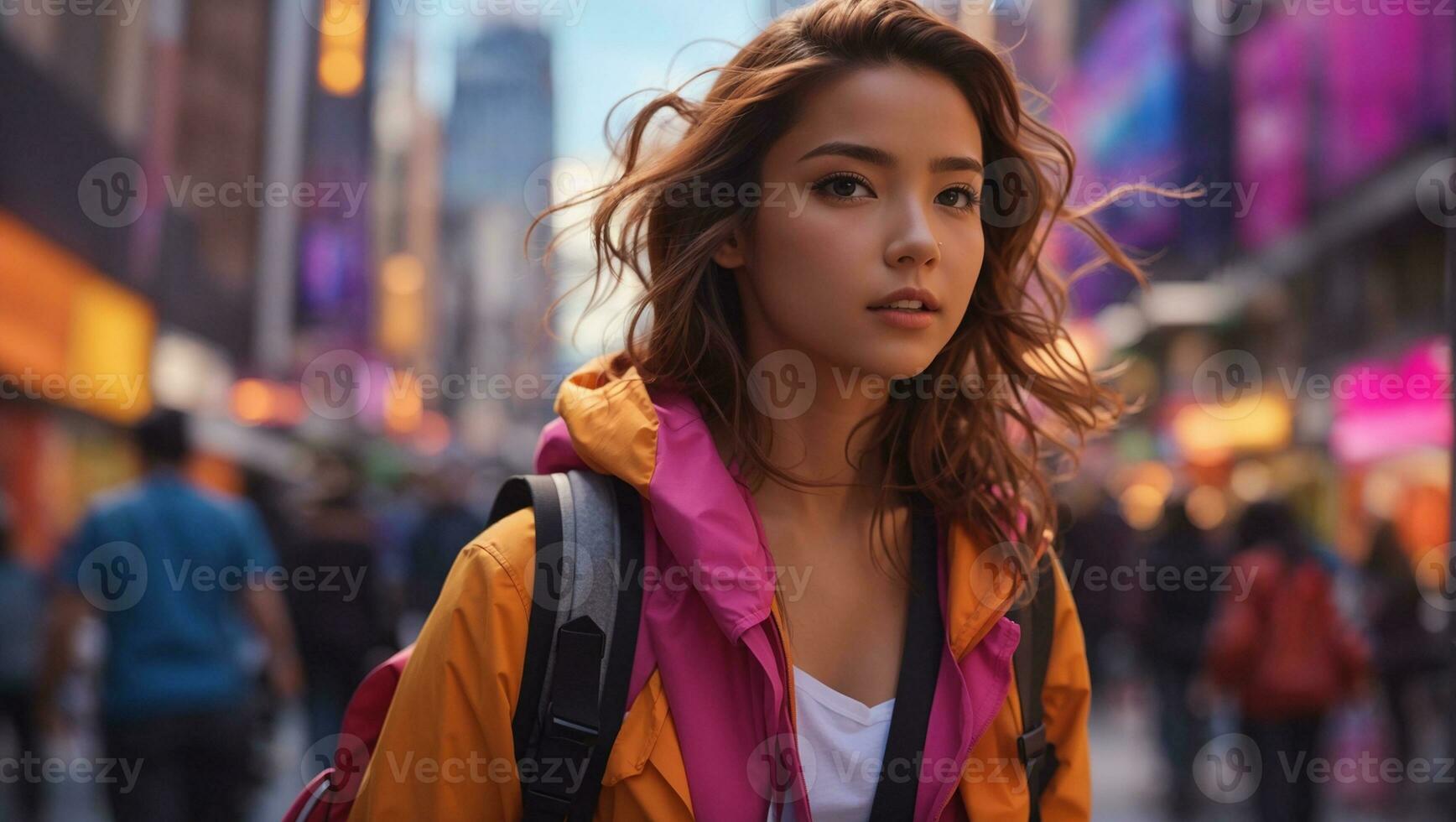 vrouw in de straat op zoek Bij de camera- gegenereerd gebruik makend van ai technologie foto