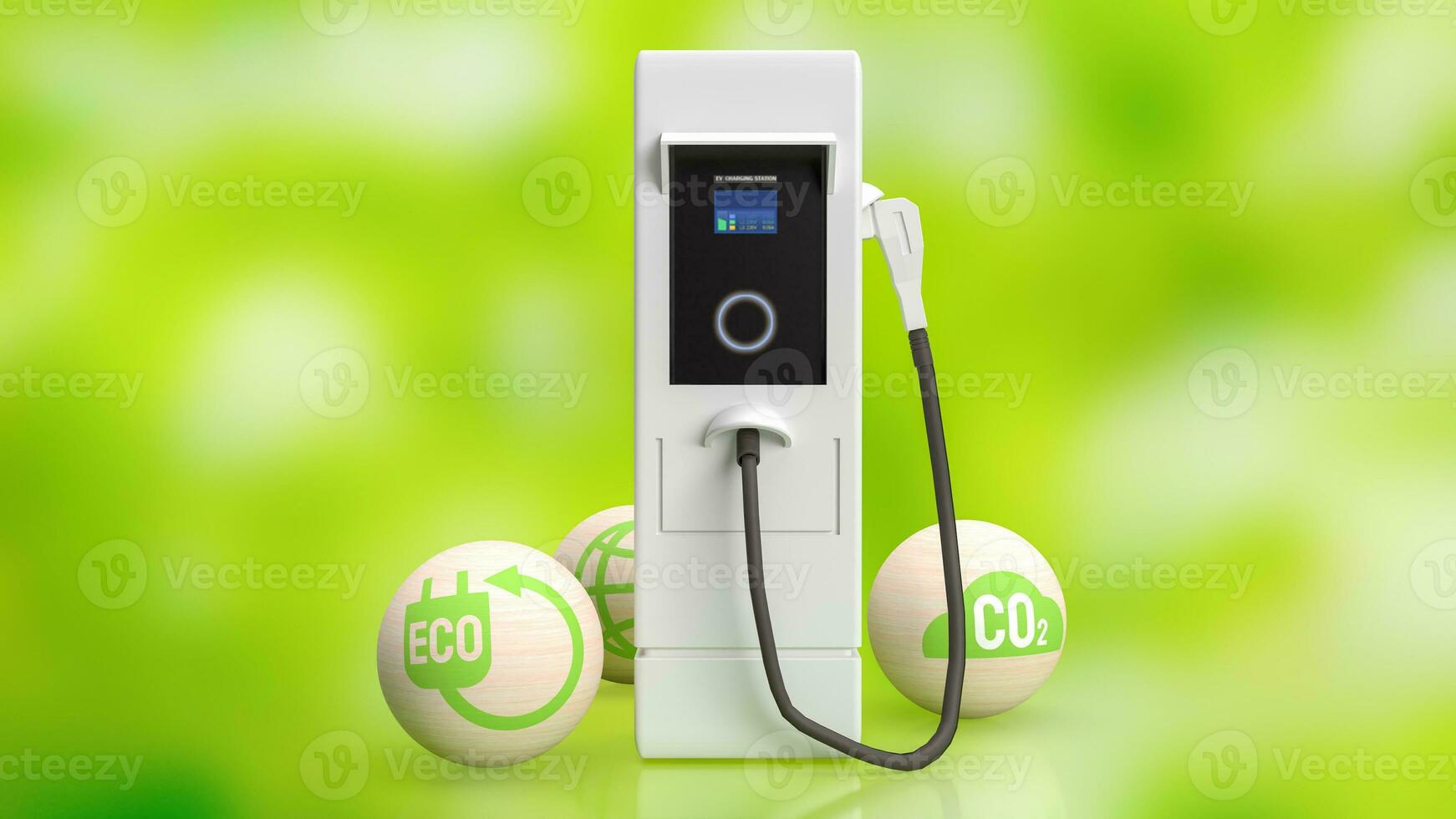 ev station Aan groen bokeh achtergrond voor technologie concept 3d renderen foto