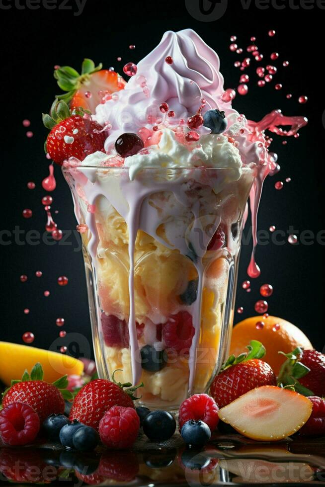 milkshake in een Doorzichtig glas van fruit in de achtergrond met melk spatten en druppels gegenereerd door kunstmatig intelligentie- foto