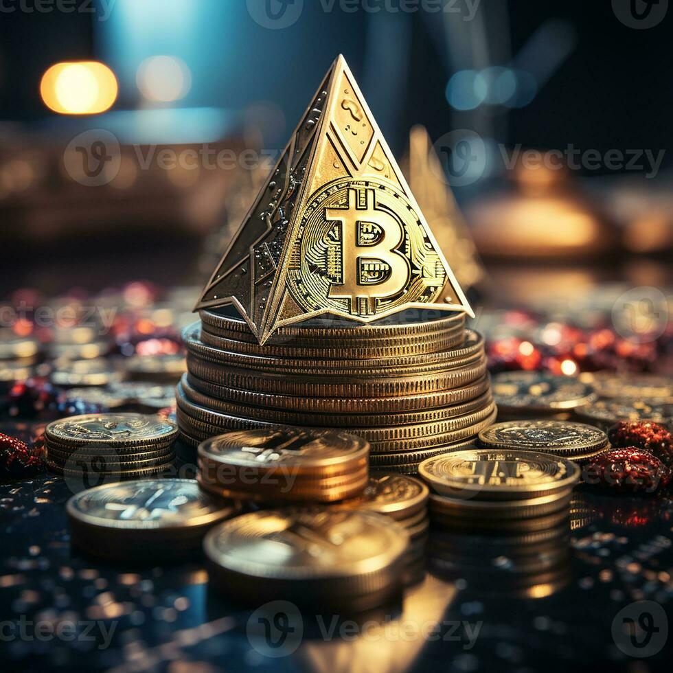 bitcoins Aan de tafel, cryptogeld achtergrond afbeelding, ai gegenereerd foto