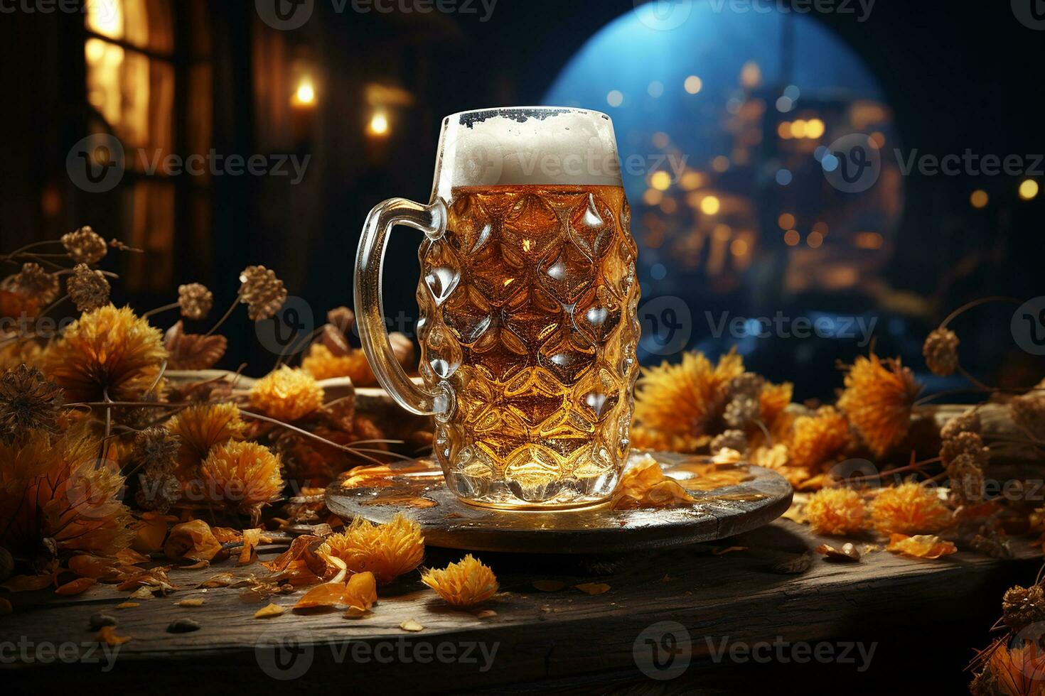 de glas van bier en Kerstmis decoraties, ai gegenereerd foto