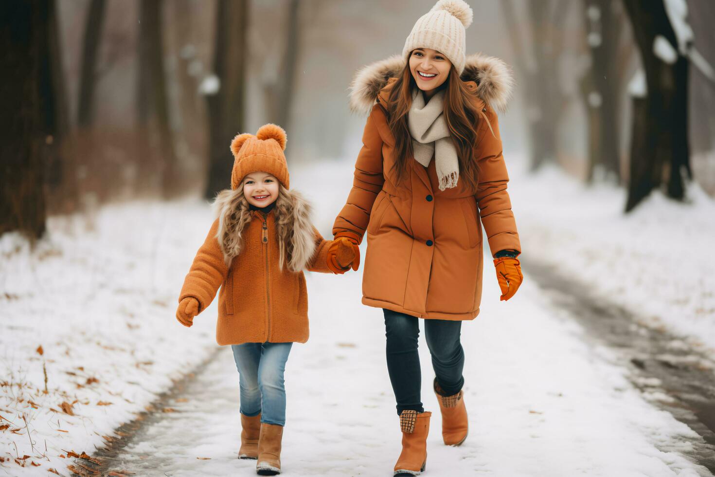 weinig meisje en mam winter bonding - ai gegenereerd foto