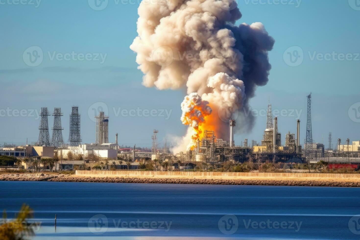 groot explosie in de offshore olie raffinaderij ai gegenereerd foto