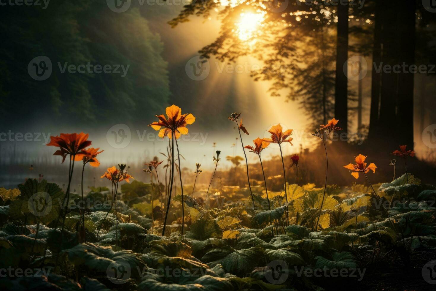 vroeg ochtend- Woud van esdoorn- bomen ai gegenereerd foto