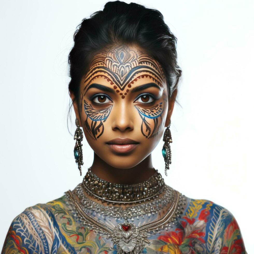 Indisch meisje met gekleurde gezicht, geïsoleerd foto