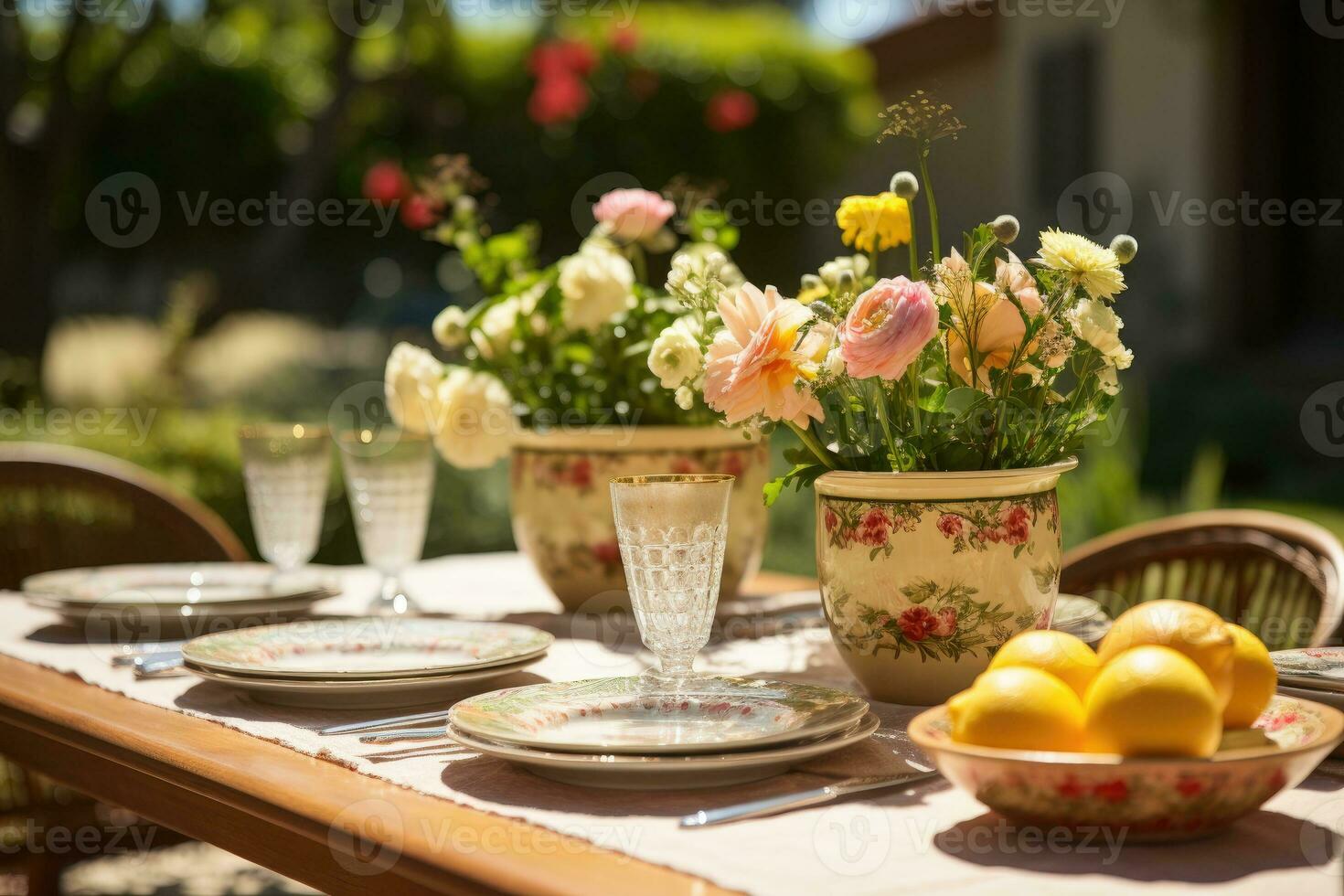 tafel reeks voor een zomer brunch in de tuin ai gegenereerd foto