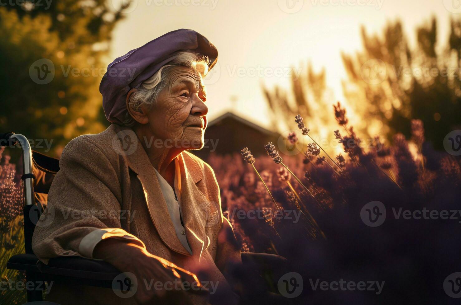 oud vrouw in lavendel veld- zonsondergang. genereren ai foto