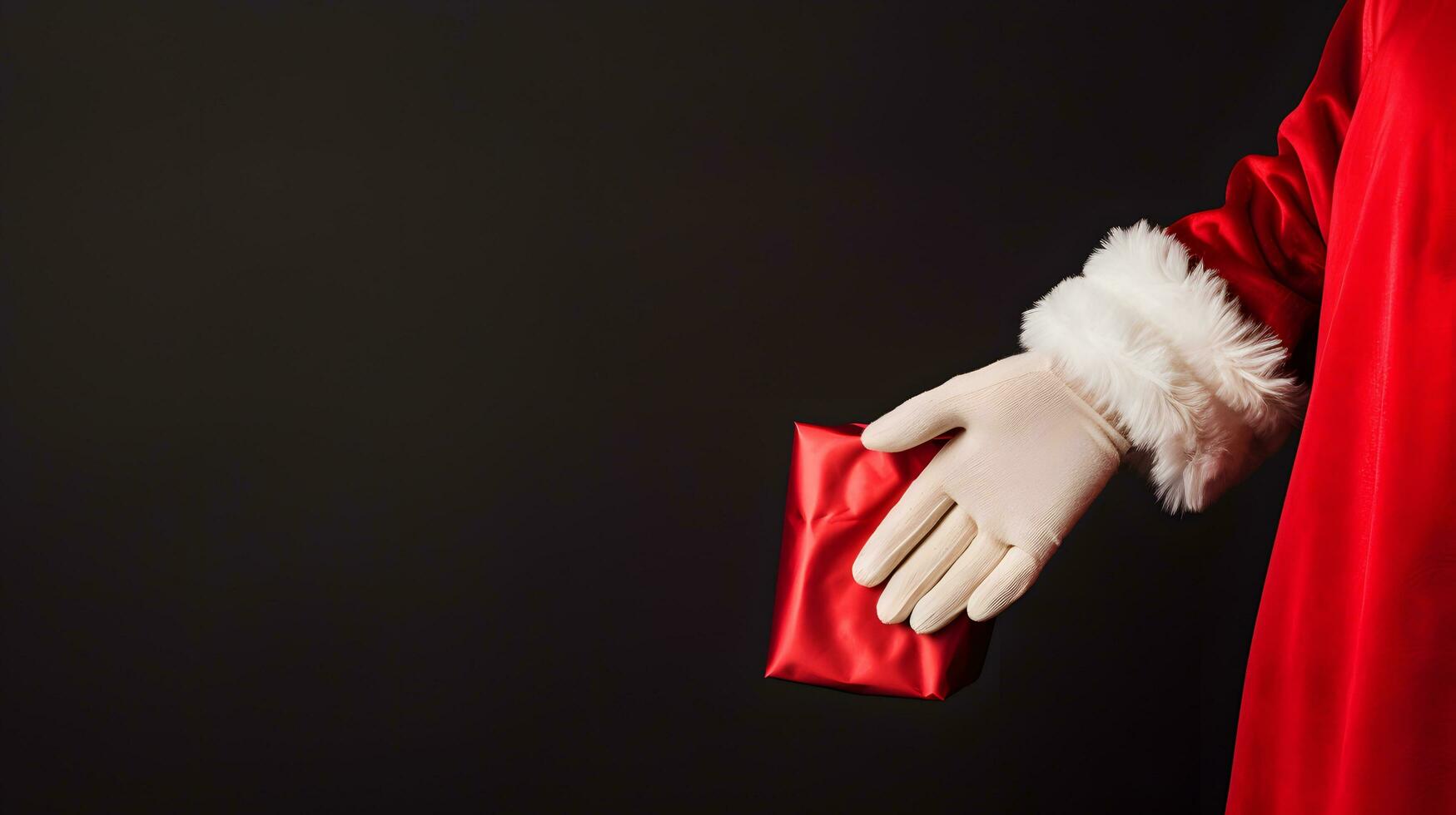 gehandschoende hand- Holding een glimmend rood geschenk tegen een zwart achtergrond foto