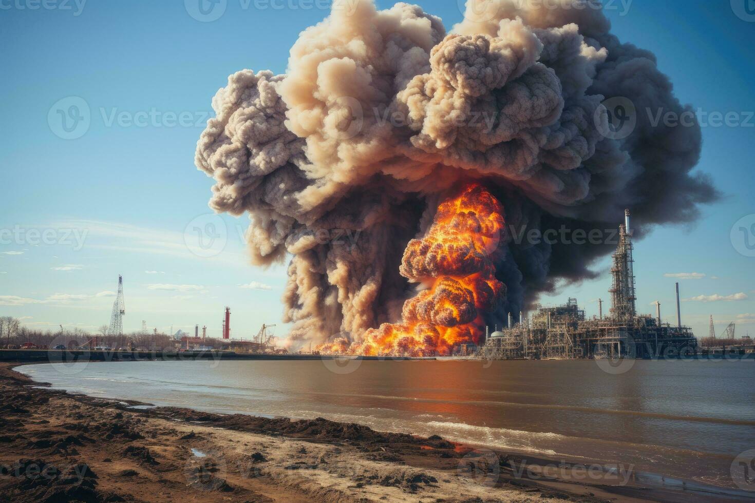 groot explosie in de offshore raffinaderij ai gegenereerd foto