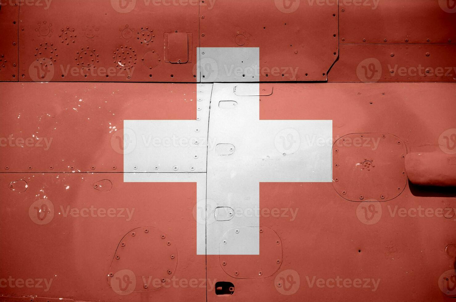 Zwitserland vlag afgebeeld Aan kant een deel van leger gepantserd helikopter detailopname. leger krachten vliegtuig conceptuele achtergrond foto