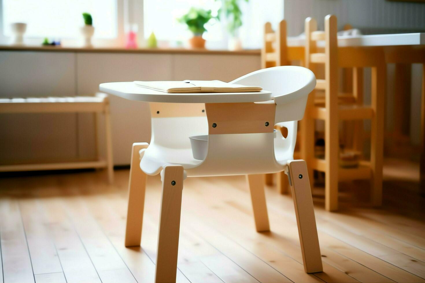 conventioneel baby voeden stoel in de dining tafel Bij huis of keuken. kind hoog stoel meubilair concept door ai gegenereerd foto