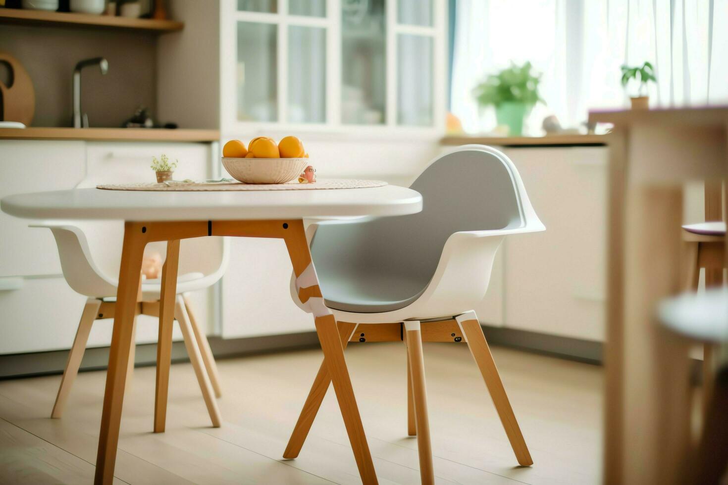 conventioneel baby voeden stoel in de dining tafel Bij huis of keuken. kind hoog stoel meubilair concept door ai gegenereerd foto