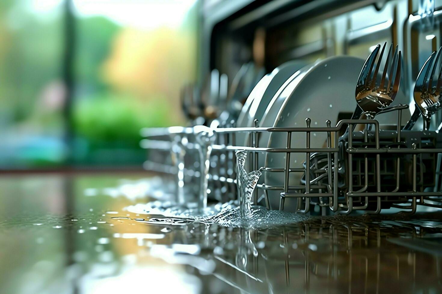 geopend vaatwasser machine in keuken kamer met vuil borden of schoon gerechten na het wassen binnen concept door ai gegenereerd foto