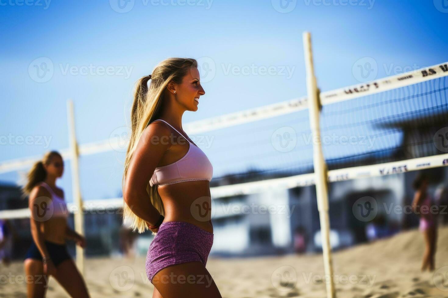 aantrekkelijk Dames spelen strand volleybal Aan een zonnig dag. ai generatief foto