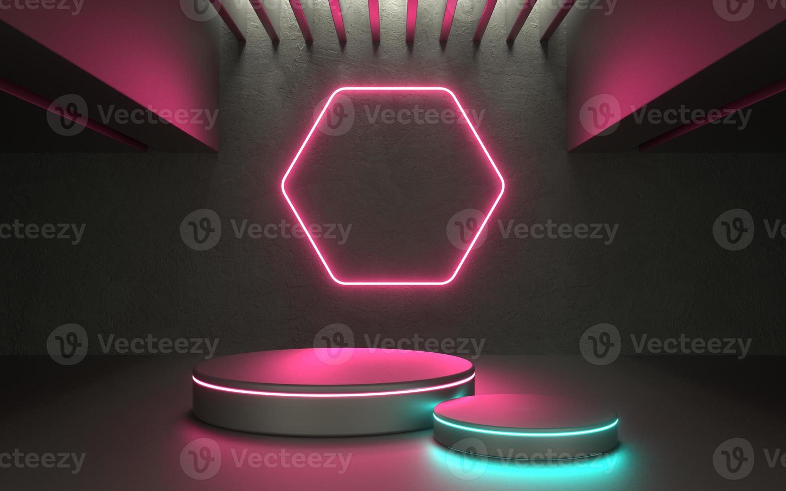 3d gloeiend neon productpodium voor showcase of promo tech product foto