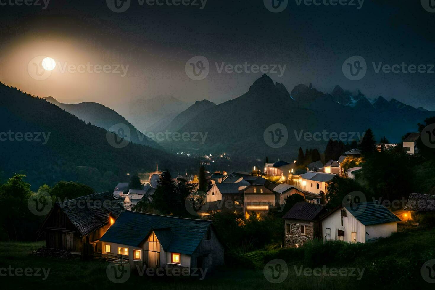 foto behang de lucht, bergen, de maan, de dorp, de maan, de dorp,. ai-gegenereerd