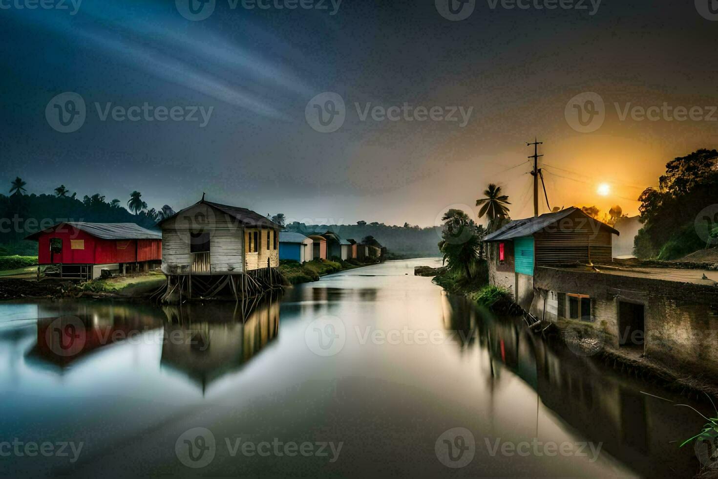 de zon sets over- een rivier- in voorkant van huizen. ai-gegenereerd foto