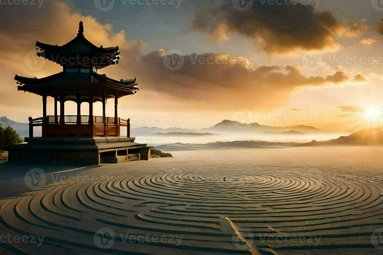 een pagode in de midden- van een labyrint. ai-gegenereerd foto
