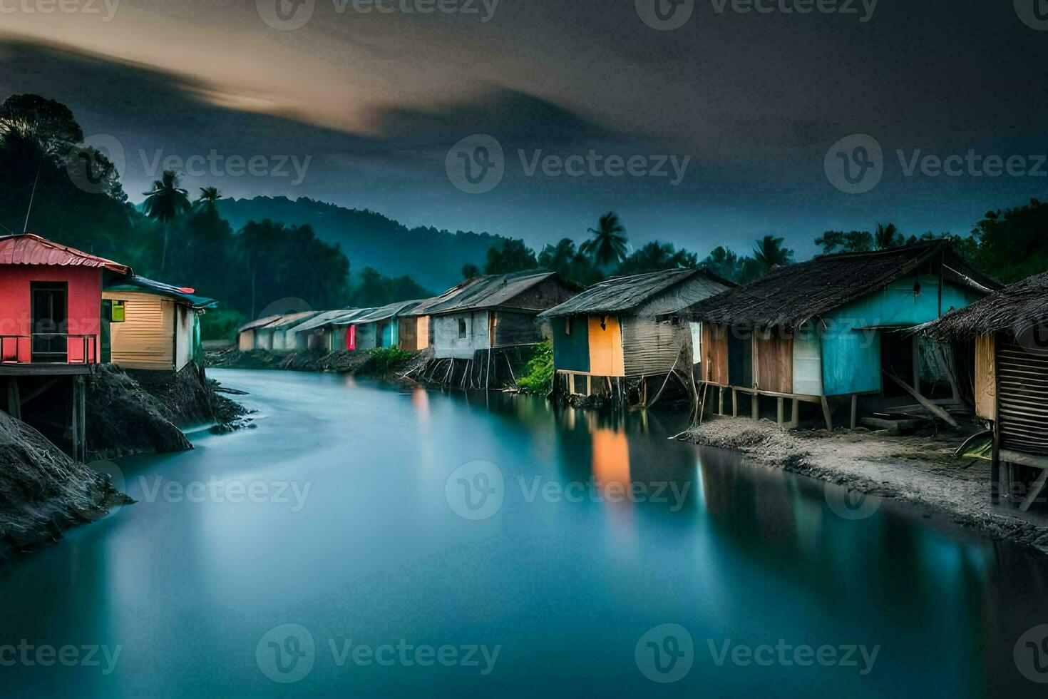 kleurrijk huizen lijn de banken van een rivier. ai-gegenereerd foto