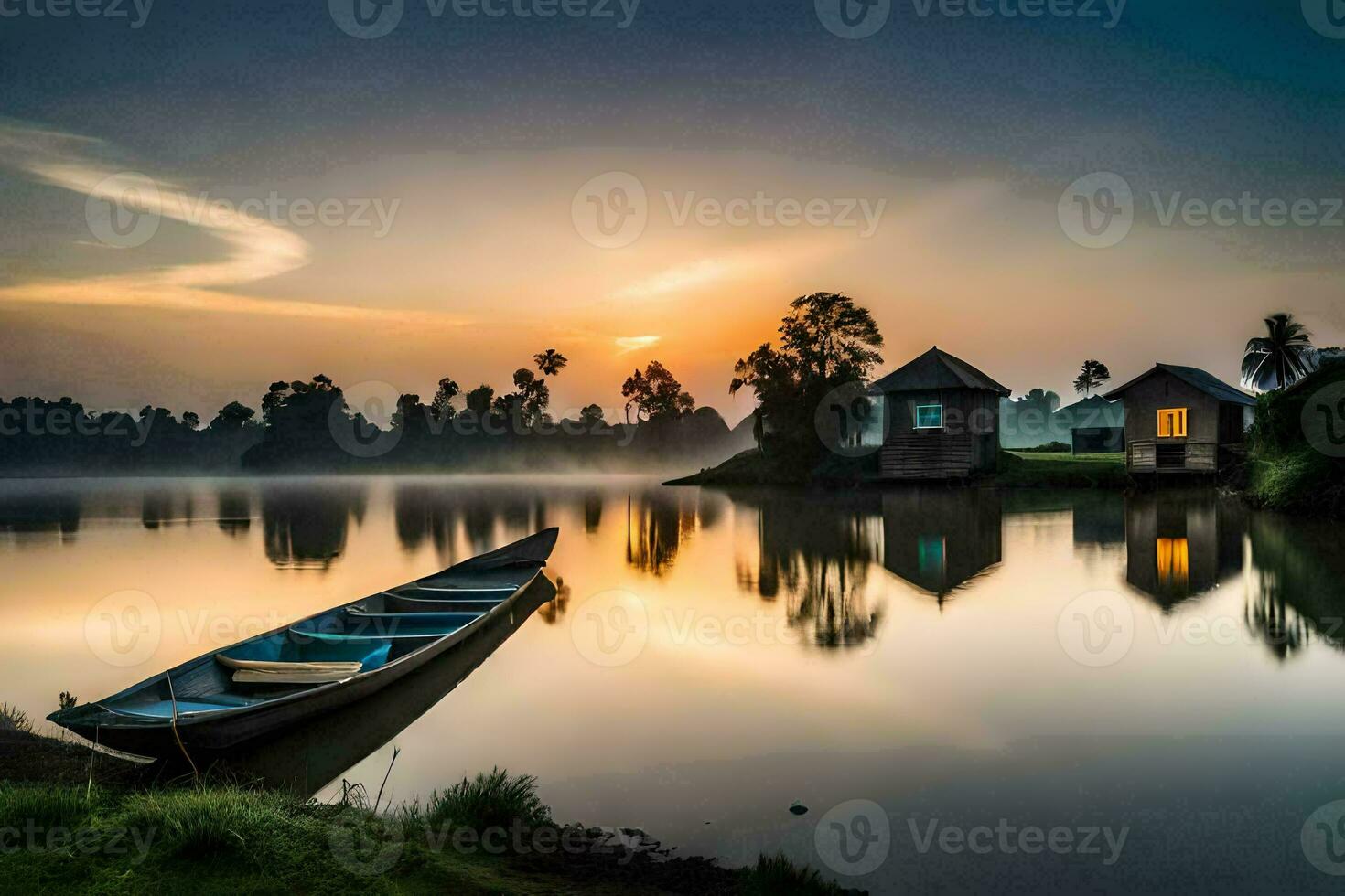 een boot zit Aan de kust Bij zonsopkomst. ai-gegenereerd foto