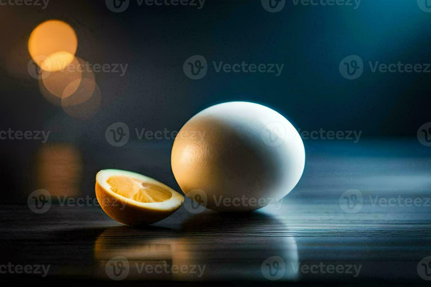 een ei en een voor de helft van een oranje Aan een tafel. ai-gegenereerd foto