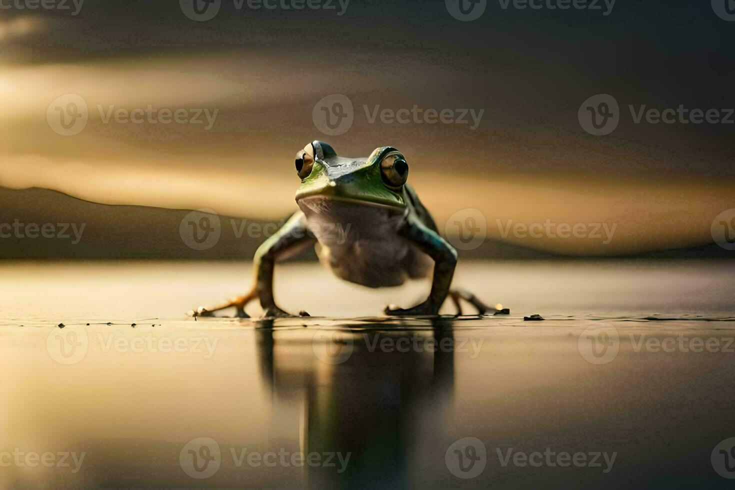 een kikker staand Aan de strand Bij zonsondergang. ai-gegenereerd foto