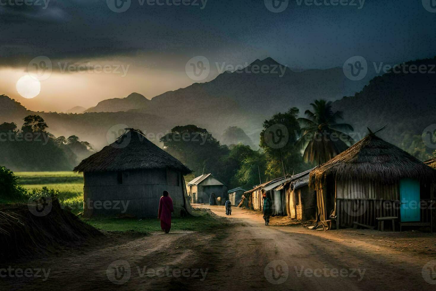 een vrouw wandelingen naar beneden een aarde weg in voorkant van een dorp. ai-gegenereerd foto