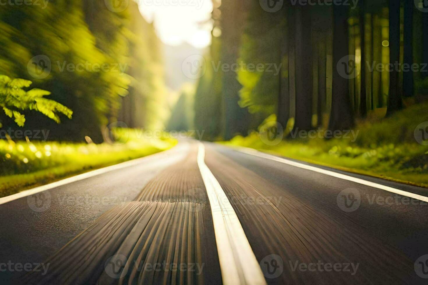 een weg in de bossen met bomen en gras. ai-gegenereerd foto