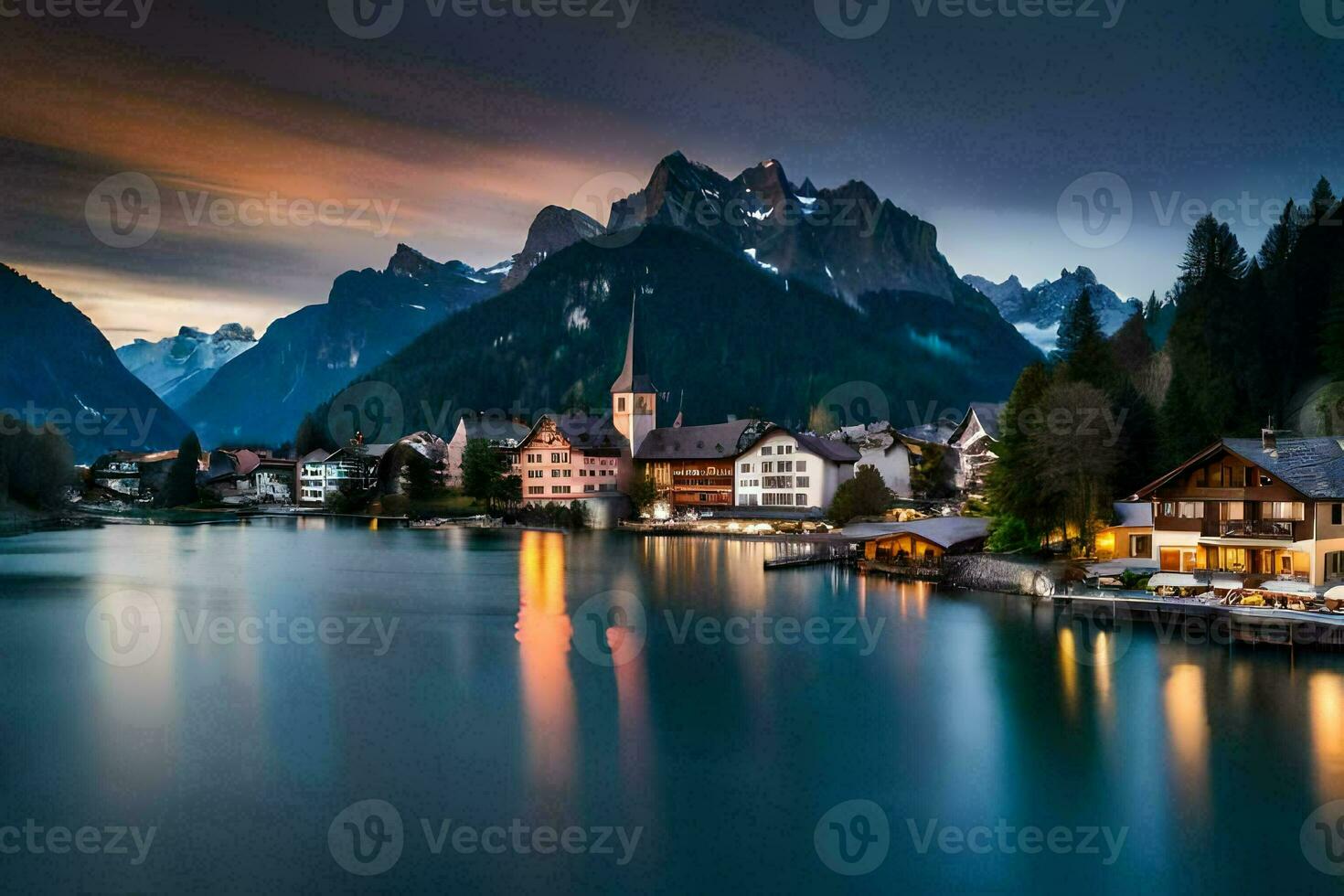 foto behang de lucht, bergen, meer, huis, dorp, meer, bergen, huis,. ai-gegenereerd