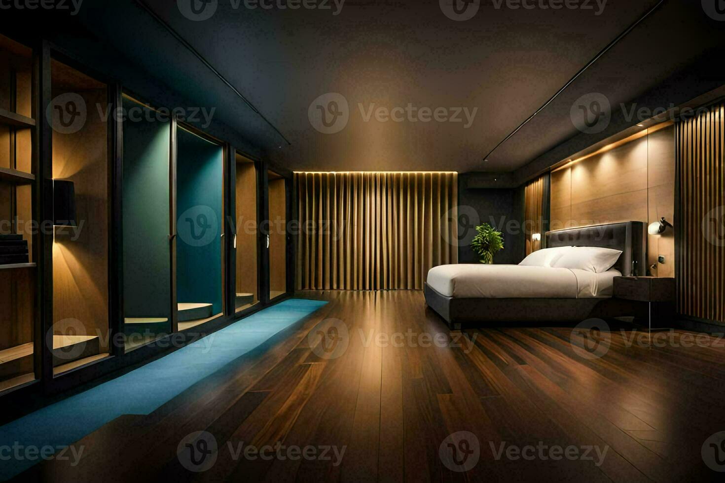 een slaapkamer met houten vloeren en een bed. ai-gegenereerd foto