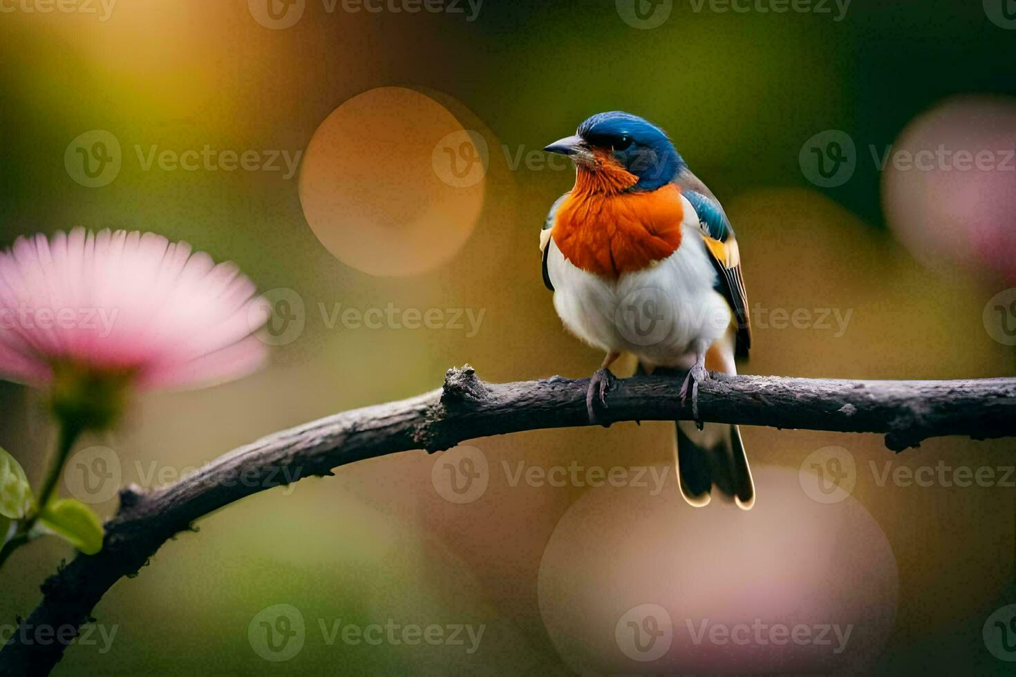 een kleurrijk vogel zit Aan een Afdeling met een roze bloem. ai-gegenereerd foto